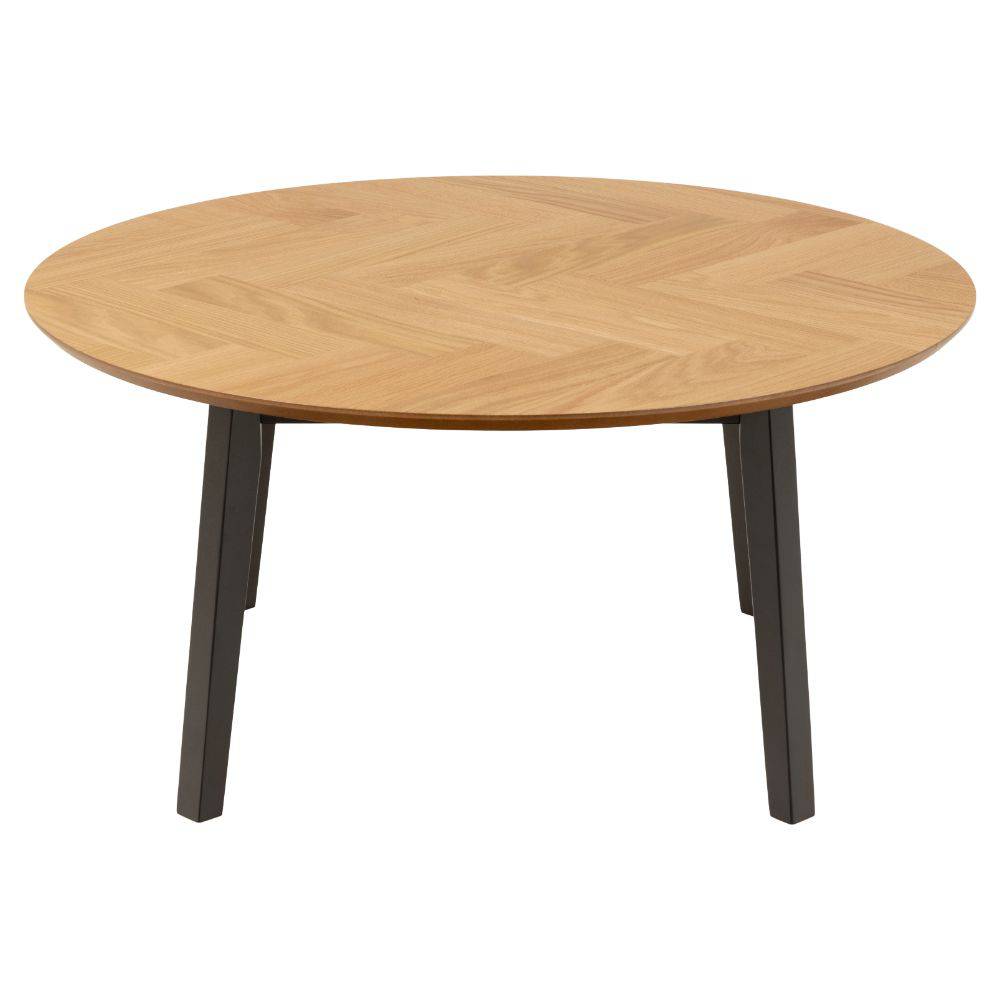 Rundt træ sofabord med sildebens mønster i fineret eg og sorte gummitræsben.